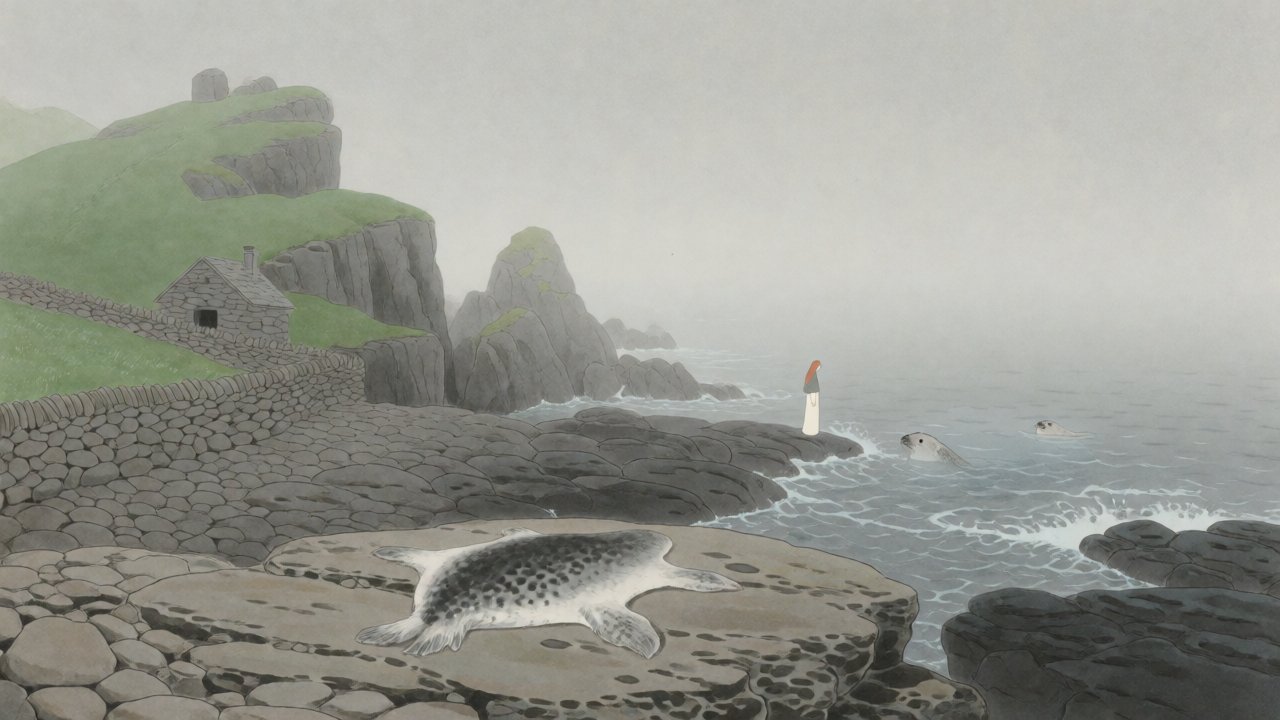 霧の北の海辺。石積みの塀と緑の崖の手前の岩の上に、脱いだアザラシの皮が広げて置かれ、波打ち際に女の人が小さく立ち、海にはアザラシの頭が2つ見える