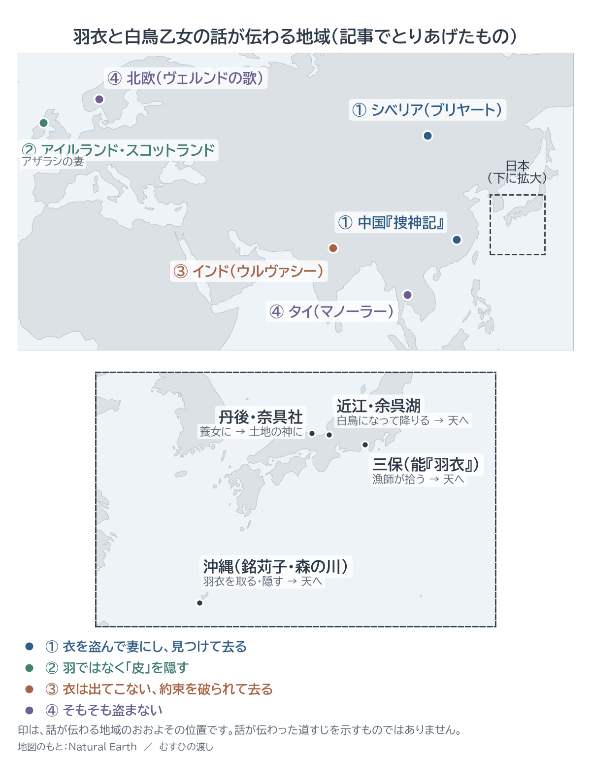 世界地図と日本の拡大図。羽衣・白鳥乙女の話が伝わる地域として、アイルランド・スコットランド、北欧、インド、シベリア、中国、タイと、日本の丹後・近江・三保・沖縄に印がある