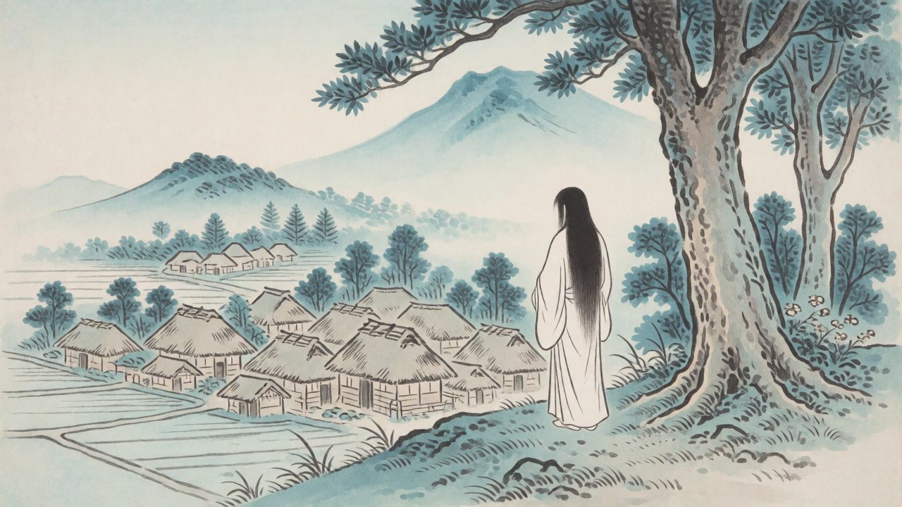 霧の山里。茅葺きの家と田んぼを、大きな木のそばに立つ白い衣の女の人が見下ろしている後ろ姿